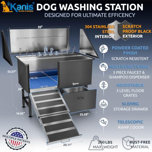 Professional Dog Washing Station 304 Stainless Steel Pet Wash Sink (Black, Left Ramp, 1 Drawer / 50 Inches)