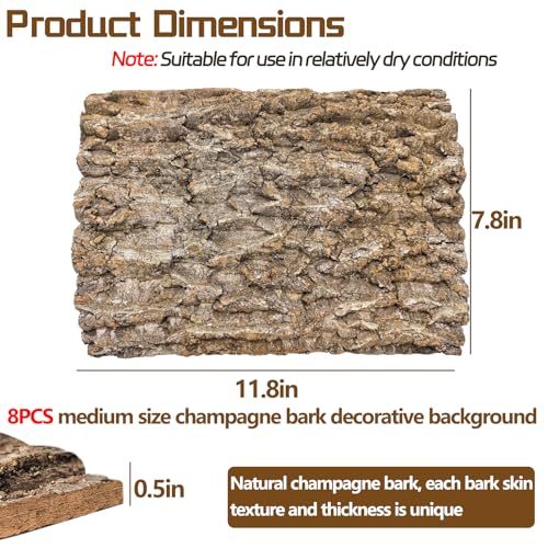 Cork Terrarium Background 11.8x7.9in 8PCS Natural Reptile Cork Bark Flats Terrarium Board Bearded Dragon Climbing Wall Mat Tank Accessories Decor for Lizard Chamelon Snake Turtle Spider Crested Gecko (8PCS-11.8x7.9in)