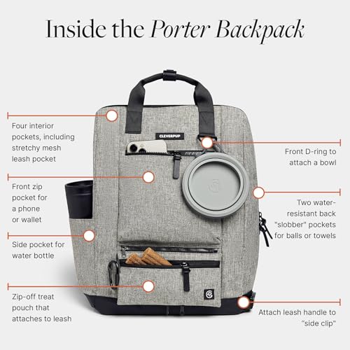 Porter 2-in-1 Dog Gear Travel Backpack - 10 Pockets, Heather Grey (Heather Grey)