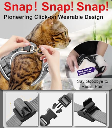 Cat Harness and Leash for Walking Escape Proof Soft Adjustable Cat Leash (Grey / S (7-12lb))
