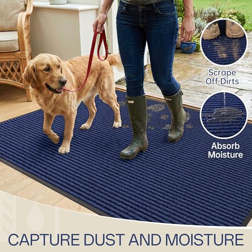 Front Door Mat Outside Entrance (Blue Striped / 4' x 5' (Rectangular))