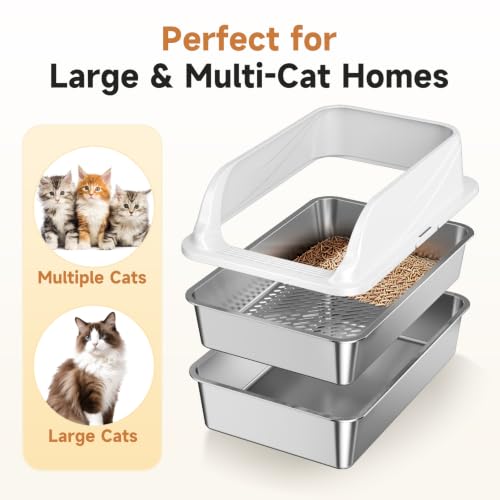 Stainless Steel Sifting Litter Box for Pine Pellets (Light Grey XL)