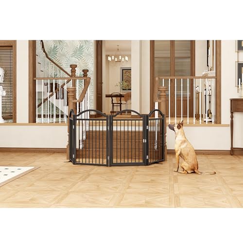 Metal No Assembly Freestanding Dog Gate with Door Walk Through (Black C / 4 panels 96"W*32"H HYG)