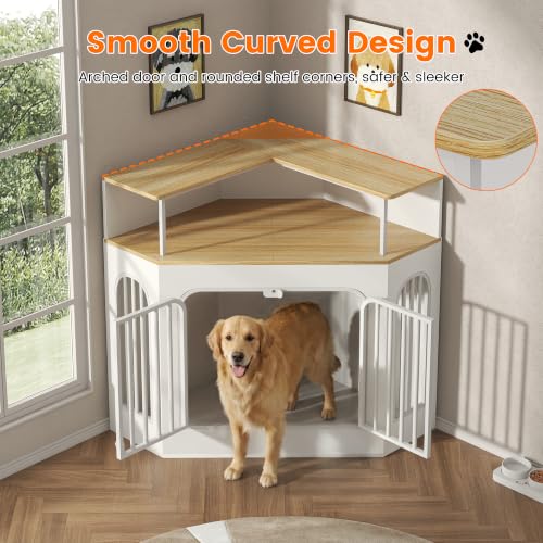 46" Corner Dog Crate Furniture with Storage Shelf (White / 45.8"L x 23.7"W x 41.3"H)
