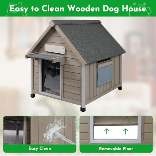 Outdoor Dog House Weatherproof Large Wooden Dog Kennel Indoor for Small Dogs with Chew (Grey / 26" D x 31.9" W x 32" H)