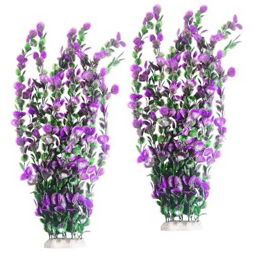Purple Green Serrated Leaf Tall Aquarium Plastic Plants Artificial Fish Tank Plant Aquarium Decor Extra Large Lifelike Aquatic Plant Suitable for Saltwater and Freshwater 27.5 (B*2 Pcs / 27.5 in)