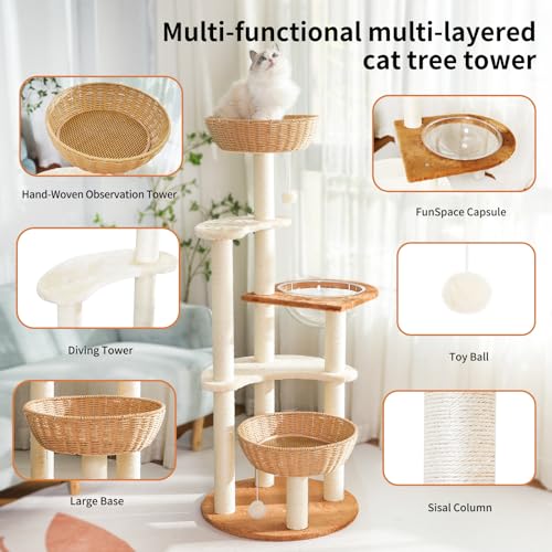 55.5 Inch Modern Cat Tree for Large Cats with Woven Basket Beds (3)
