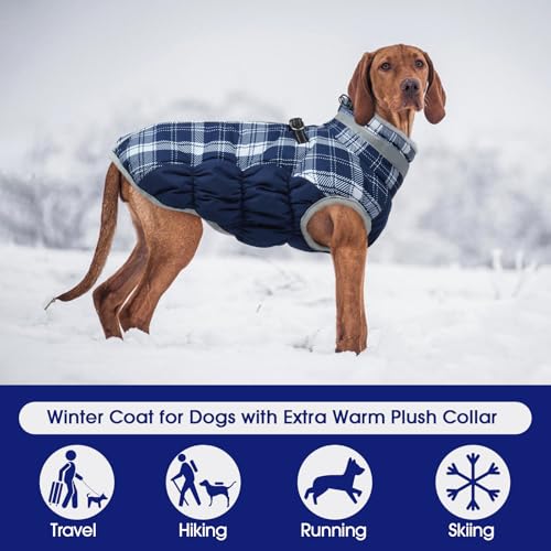 Dog Cold Weather Coats Reflective Dog Warm Jacket with Harness (Blue Plaid / L(chest:24in))