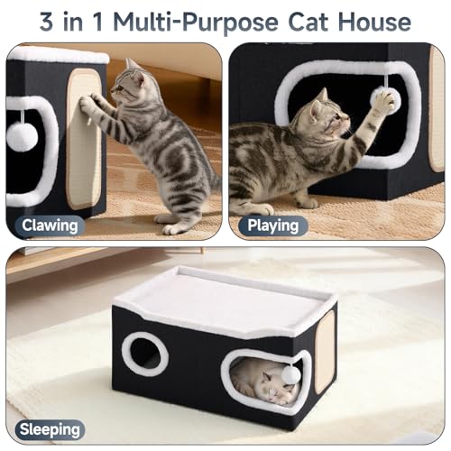 Extra Large Cat House Bed for Multi Cats with Scratch Pad Black (Black / Extra Large)