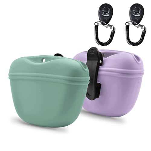Silicone Dog Treat Pouch with Clicker Magnetic Closure Secure Clip (2 Pack / Lake Blue + Hibiscus)