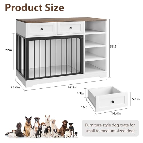 47" Medium Dog Crate Furniture with Storage (White / 47.2"L x 23.6"W x 33.5"H)