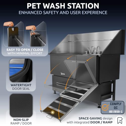 Professional Dog Washing Station 304 Stainless Steel Pet Wash Sink (Black, Right Ramp, 2 Drawer / 61 Inches)