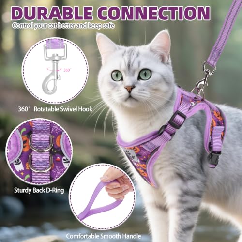 Halloween Cat Harness and Leash Set Escape Proof Reflective Cat Walking Harness Adjustable Soft Breathable Mesh Vest for Small Pets (M (NECK 11"-13.7", CHEST 16"-20") / Purple(Halloween))