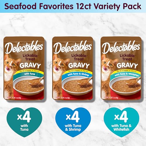 Lickable Treat Gravy Seafood Variety Wet Cat Treat & Food Topper (1.4 Ounce (Pack of 12))