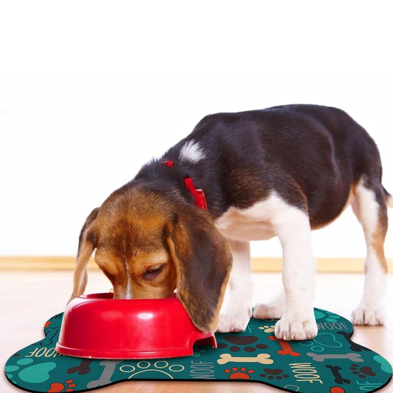 Dog Food Mats for Floors Waterproof (Green Bone / 19"L x 12"W)