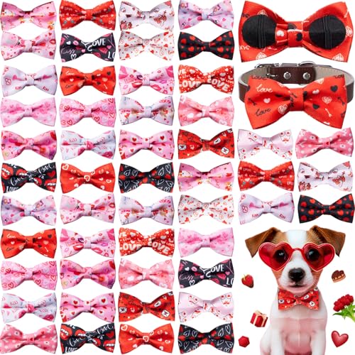 50 Pcs Red Pink Heart Style Dog Bow Ties for Small Dogs (Valentines Day)