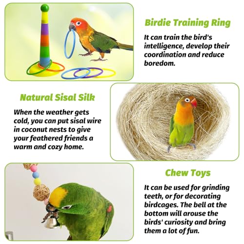 5Pcs Bird Coconut House with Ladder Parakeet Coconut Nest for Cages Parrot Hut Hanging Natural Coconut Fiber Conure Chewing Toys for Cockatiel Budgie Lovebird Cockatoos