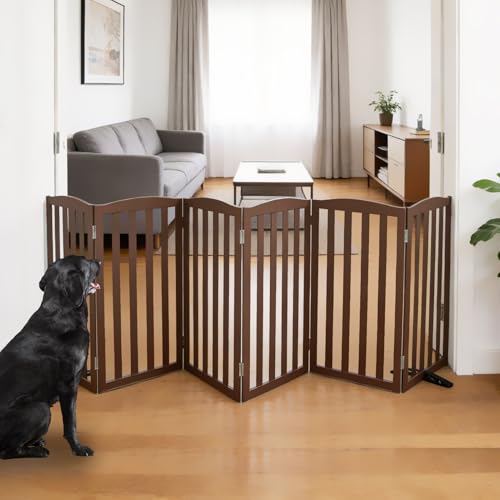 Foldable Freestanding Indoor Dog Gate for House Wood Long Pet Gates Dog Fence for Stairs Puppy Gates for Hallways (Brown / 【6 Panels】120''w X 32''h)
