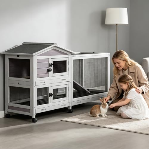 2 Story Wooden Rabbit Hutch Indoor Outdoor (Gray / 62.0"L x 22.6"W x 33.5"H)