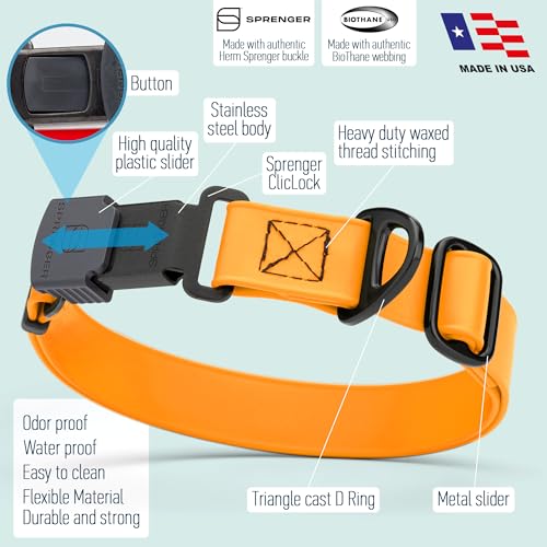 Biothane Waterproof Dog Collar with Herm Sprenger Black Stainless Steel Quick Release Buckle (W 1" x L 15"-25" / Tangerine Orange)
