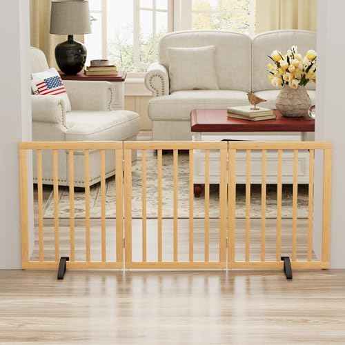 Dog Gates for Doorways Stairs (Bamboo Dog Gate Natural / 3 Panel - 55 inches Wide)