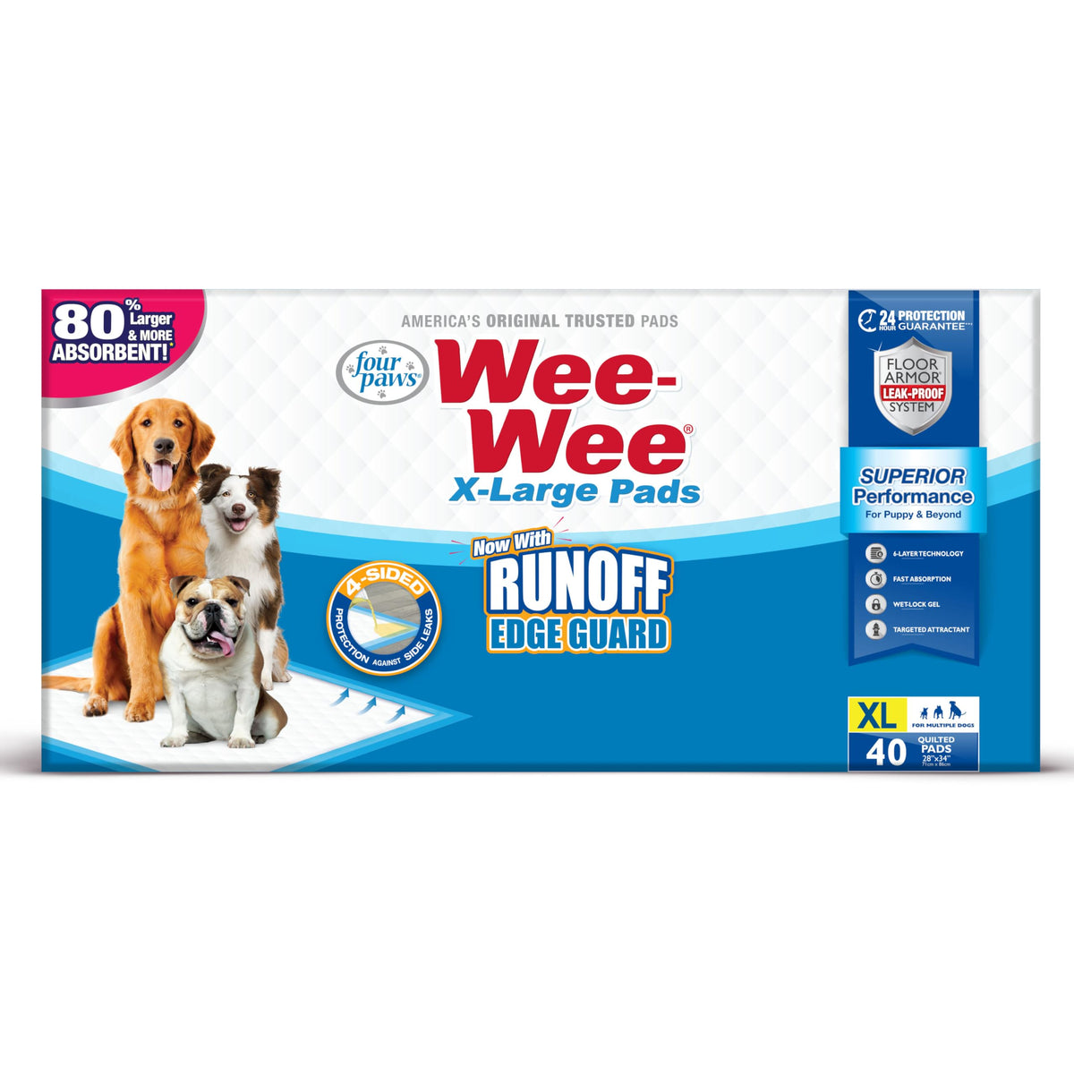Wee Wee Superior Performance Extra Large Pee Pads for Dogs with Runoff Barrier Edge Guard Protection (40 Count)