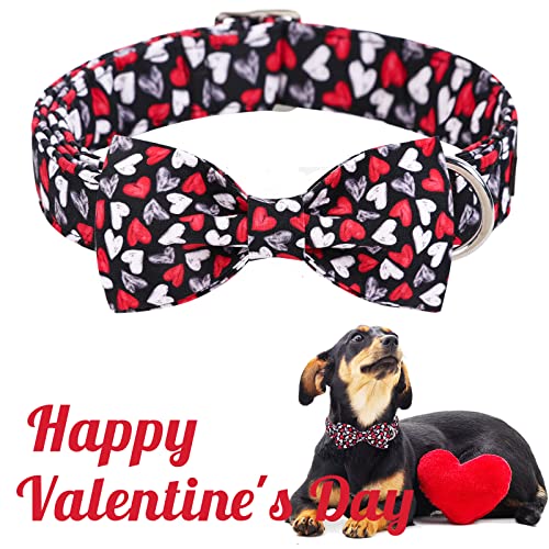 Valentine's Day Dog Collar with Bow Tie Black & Red Heart Puppy Collar Best Gothic Style Gift for Small Medium Large Boys Girls (X-Large / Gothic Love)