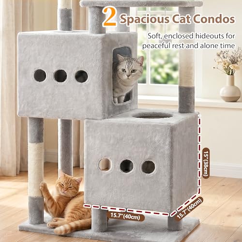 Sturdy Cat Tree Tower with 2 Large Condos (74.8 inches / Light Gray)