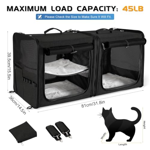 Extra Large Cat Carrier for 2 Cats with Travel Litter Box (Black)