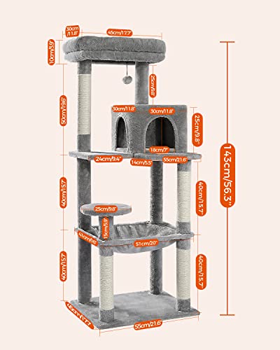 56.3" Cat Tree for Indoor Cats Large Adult with Hammock (Grey / 56 Inches)