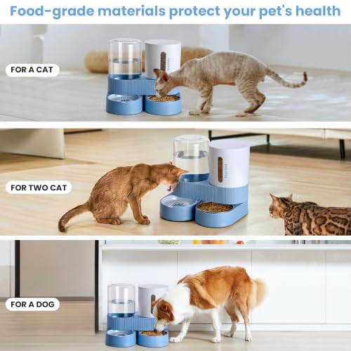 Automatic Cat Feeder Stainless Steel Water Dispenser Gravity Food Feeder and Waterer Set with Pet Food Bowl for Small Medium Kitten Puppy Pets Large Capacity (Blue)