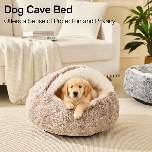 Calming Dog Beds & Cat Cave Bed with Hooded Cover (24.00" x 24.00" x 8.00" / Coffee)