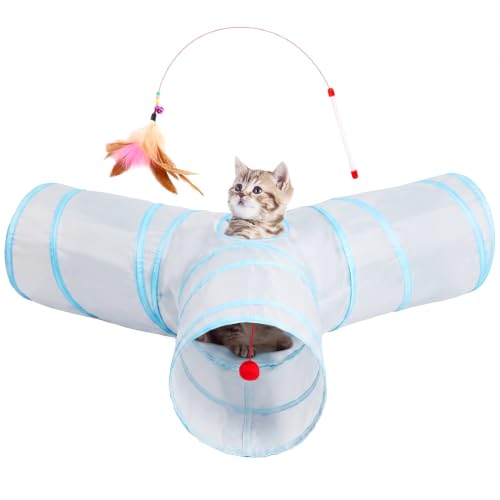 Cat Tunnel, 3-Way Collapsible Toy, Large Size Light Grey & Blue (Light Grey & Blue / Large)