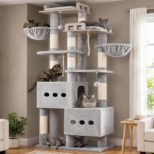 Sturdy Cat Tree Tower with 2 Large Condos (74.8 inches / Light Gray)