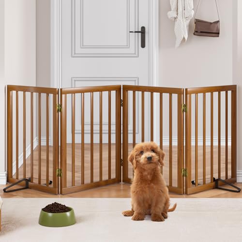 Freestanding Pet Gate Foldable 4 Panel Dog Gate Walnut Dog Gates for Stair Doorways House Indoor (Walnut / 4 Panel - 74 inches Wide)