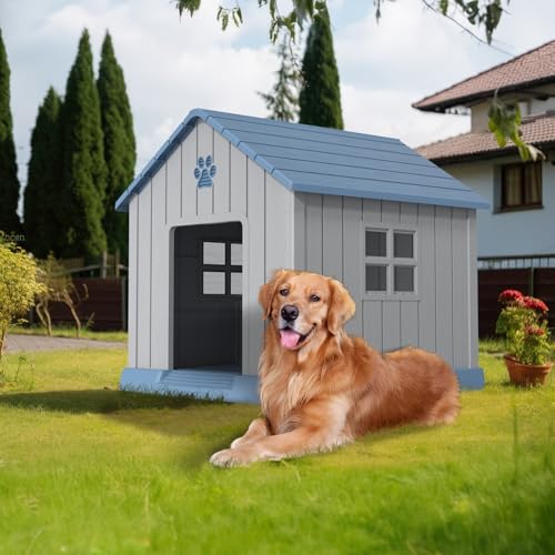 Dog House Indoor Outdoor for Small to Large Sized Dogs Indoor Outdoor Doghouse Puppy Shelter with Elevated Floor (Blue / Medium Dog:34 Inch WW)