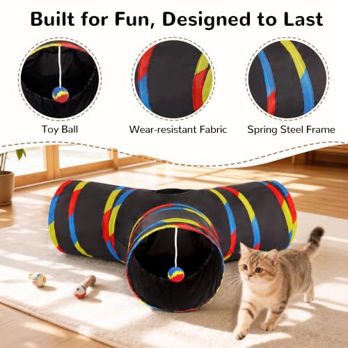 Cat Tunnel, 3-Way Collapsible Toy for Indoor Cats, Black & Rainbow (Black & Rainbow / Small)