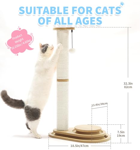 Made4Pets Tall Cat Scratching Post for Indoor Cats with Ball Track 32" (32"H)