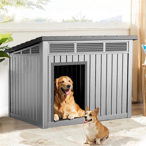 Dog House Weatherproof Resin Outdoor Dog House for Large Dogs (Grey and Black / 42.87*32.95*31.61)