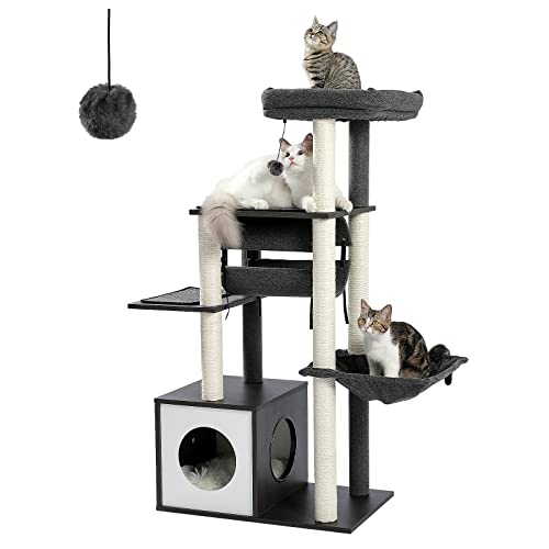 51.4in 6 Level Cat Tree for Indoor Cats with Swing Tunnel (Grey / L(25.6"L x 15.7"W x 51.4"H))