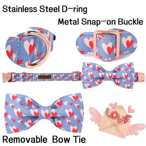 Valentine's Day Dog Collar with Bow Tie Red Blue Pink Heart Love Puppy Collar Best Gothic Style Gift for Small Medium Large Boys Girls (Small / love heart-bow)