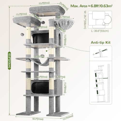 Giant Tall Heavy Duty Cat Tower for Indoor Large Cats (Light Grey / 83 inch)