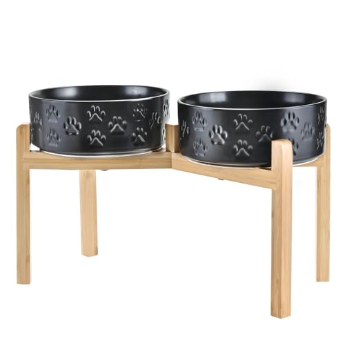 Elevated Dog Bowls Ceramic (8.3 in - 7.6 cups / Paw Black)