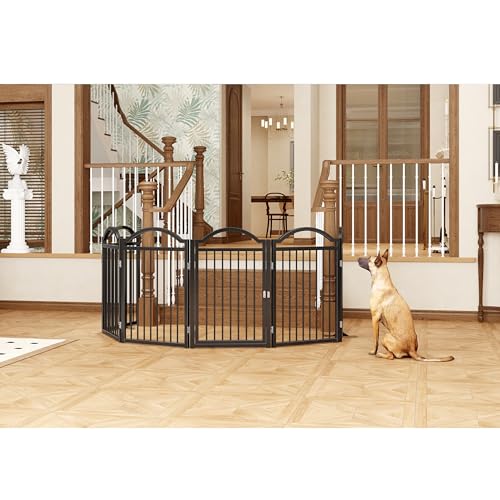 Metal No Assembly Freestanding Dog Gate with Door Walk Through (Black C / 6 panels 144"W*32"H HYG)