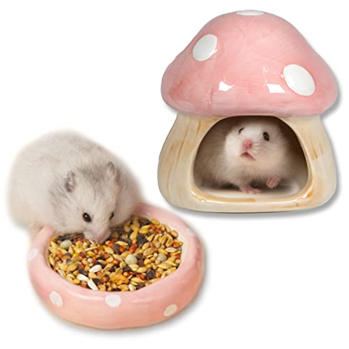 Ceramic Mushroom Hamster Hideout with Food Bowl (Pink)