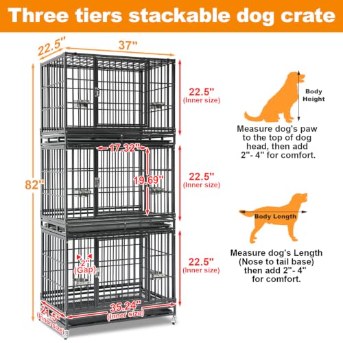 37" Three Tier Heavy Duty Stackable Dog Crate with Wheels (37.0"L - 3 Tiers - 1P)