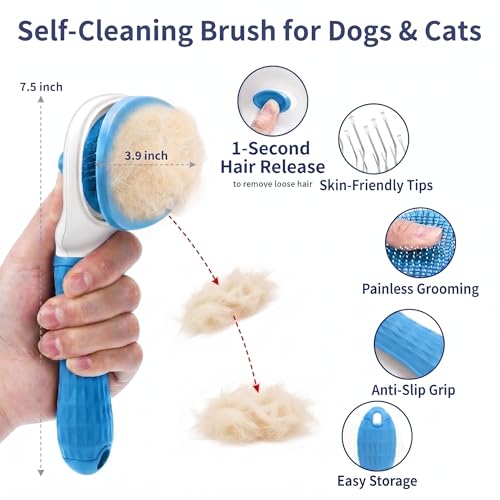 5-in-1 Dog Grooming Kit with Self Cleaning Brush & Rake, Blue (Blue)