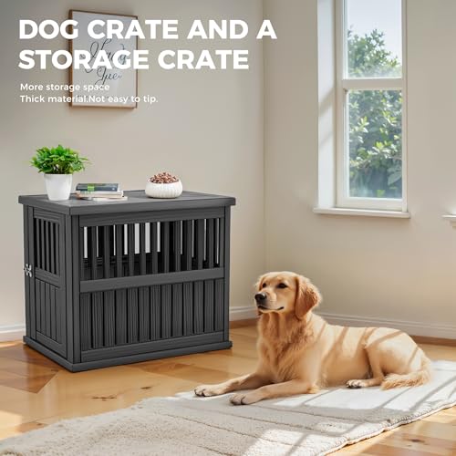 Dog House Resin Outdoor Dog Kennel with Ventilated Design (Black-B / 39.37*28.35*32.83 INCH)