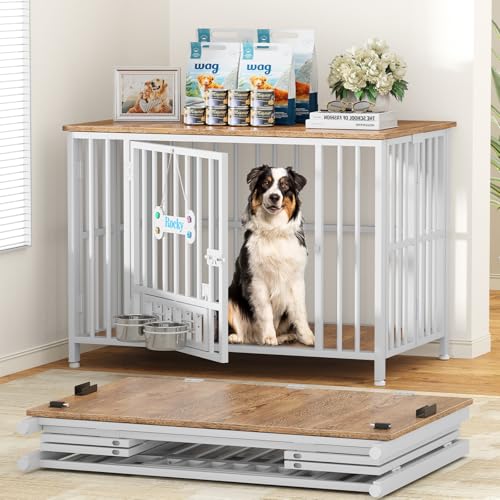 41" Dog Crate Furniture Foldable (White & Beech / 41.3"L x 25.6"W x 28.6"H)
