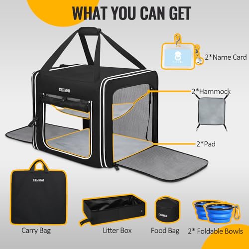Portable Double Cat Carrier with Litter Box for Multiple Cats (36.0"L x 17.0"W x 17.0"H / Black)
